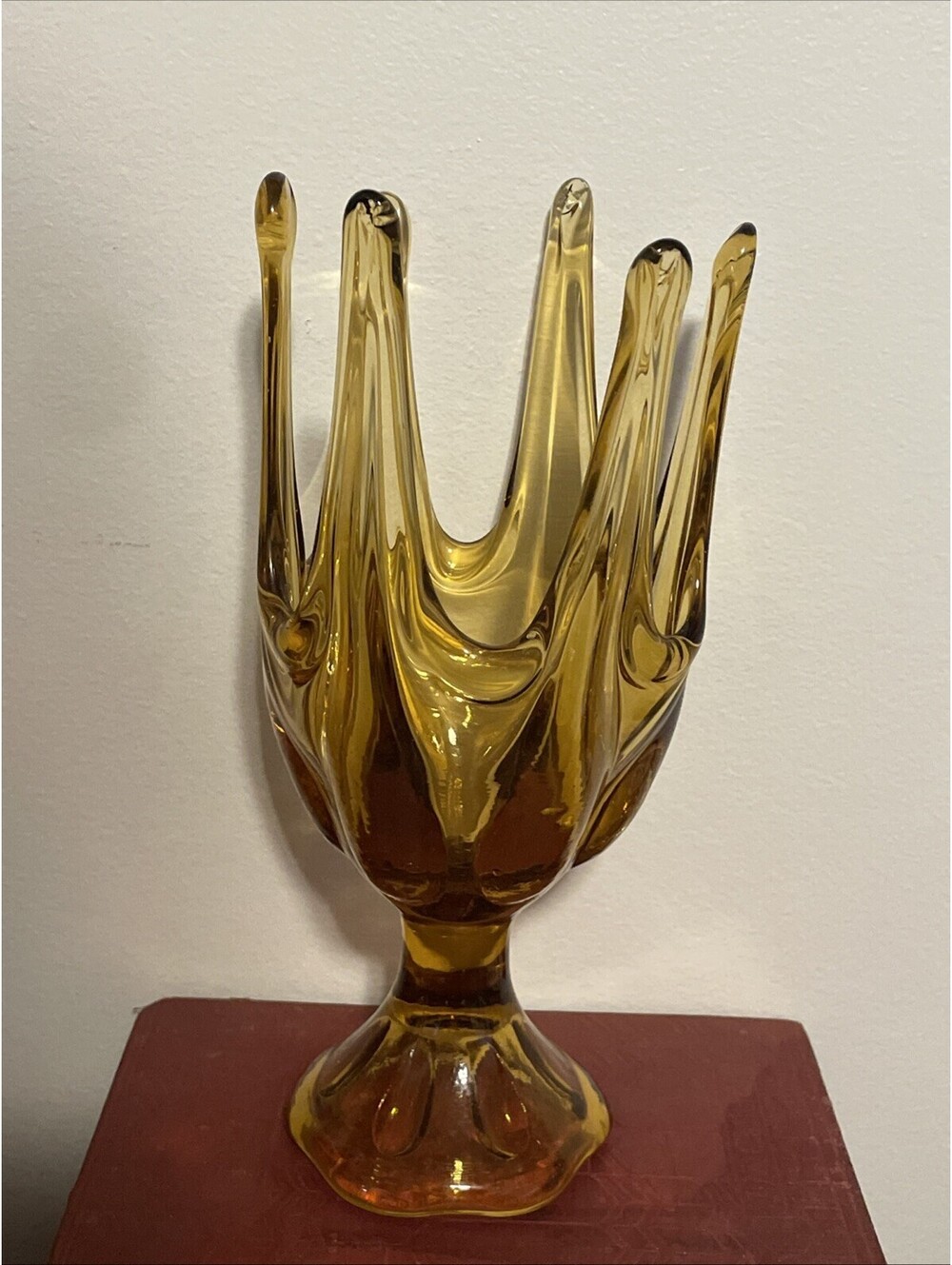 Six Petal Amber-Gold Viking Vase Epic Handkerchief Swung Glass Pedestal 9”